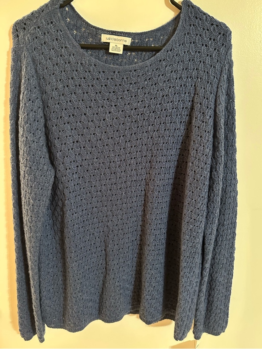 Liz Claiborne XL Dusty Blue Openwork Knit Crewneck Sweater